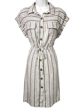 Time and Tru Womens Medium 8-10 Midi Shift Stripe Button Tie Linen-look Dress